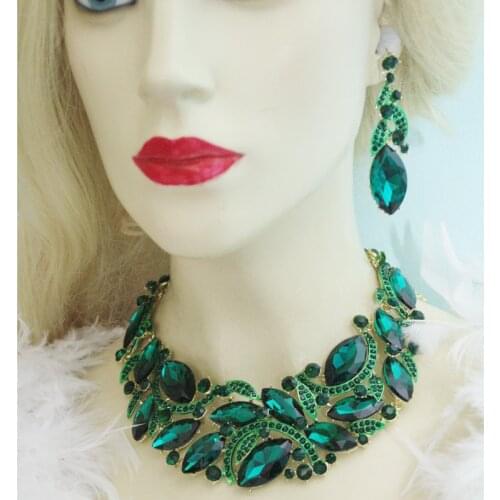 Statement Necklace sets Rhinestone Crystal Earrings Set women wedding party Prom Pageant bridal jewelry sets green color choker