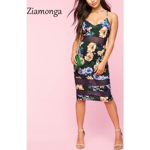 Ziamonga Vintage Flower Print Bodycon Midi Dress Women Sleeveless Slim Fit Pencil Summer Dress Elegant Mesh Splice Party Dresses