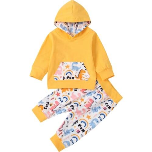 2021 0-18M Casua Infant Girl Boy Clothes Set Patch Long Sleeve Hooded Sweatshirt+Cartoon Dinosaur Print Pants Spring Autumn 2pcs