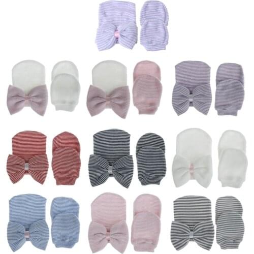 40JC Newborn Baby Hospital Hat & Mitten Set,Boy Girl Infant Stripe with Large Bow