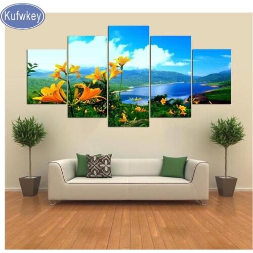 Kufwkey Diamond Painting 5 Panel Wild Flowers And Nature Scenery Modern Decoration 5D Diamond embroidery Mosaic Cross Stitch