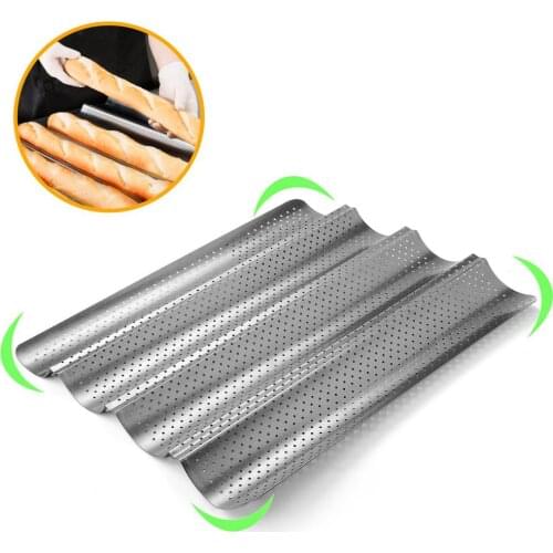 Nonstick Perforated French Bread Pan Loaf Bake Mold Toast Cooking Bakers Molding Toaster Pan Cloche Waves Silver Steel Tray