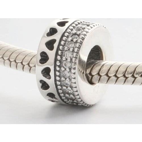 Authentic S925 Silver Openwork Hearts With Crystal Bead Charm fit Lady Bracelet Bangle DIY Jewelry