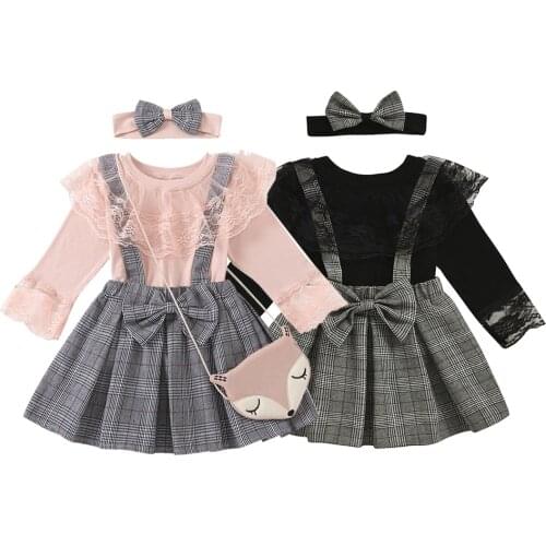 Children Suit Baby Clothes Girls Bowknot Headband Tops Strap Plaid Dress Girl Clothes Outfits 3pcs/Sets Kids Costume Suits