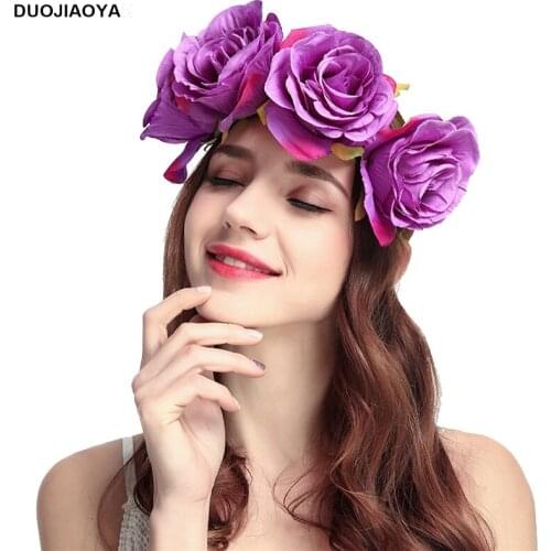 DUOJIAOYAN Hot Sale Fabric Floral Artifical Flower women bridesmaid hair tie accessories rose the girls headband