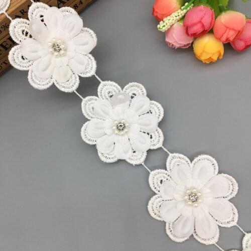 GXINUG 1 Yard Pearl Soluble Silk Flower Rhinestones Lace Trim Wedding Embroidered DIY Handmade Patchwork Sewing Supplies Crafts