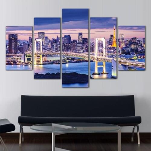 Free Shipping Tokyo Bay Wall Picture Printed On Canvas Oil Painting 5 PCS Wall Art Beautiful City Nightscape Painting By Numbers