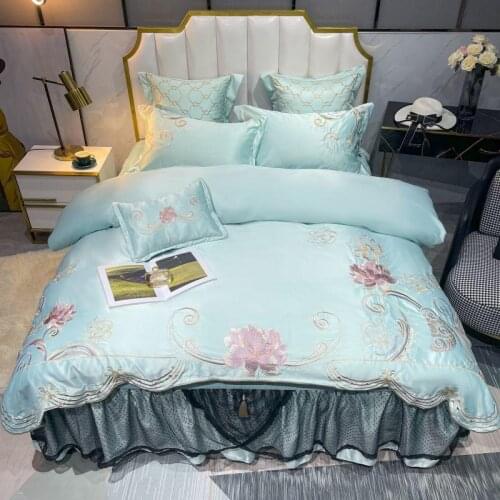 4Pcs Cotton Embroidery washed silk Luxury bedding sets queen king size duvet cover set bed skirt set pillowcase bedclothes