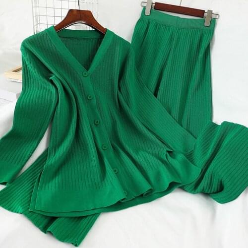 Korean new product loose knit sweater top high waist wide leg trousers casual knitted two-piece suit 2021 spring fall women s648