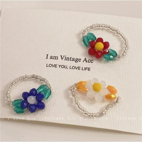 New Braided Beaded Red Flower Ring Blue Acrylic Summer Ring White Fresh Girls Women Gifts for Friends Outdoor Party Jewelry