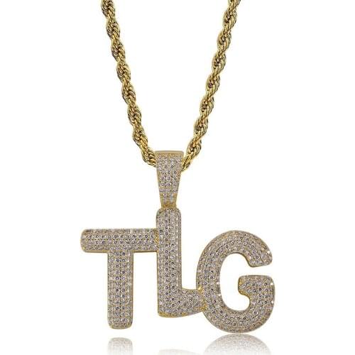 Hip Hop White AAA CZ Stone Paved Bling Iced Out TLG Letter Alphabet Pendants Necklace for Men Rapper Jewelry Gold Color