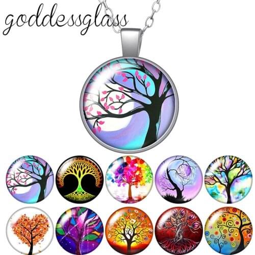 Life of Tree Magic colorful Tree Family Tree Round Glass glass cabochon silver plated/Crystal pendant necklace jewelry for Gift