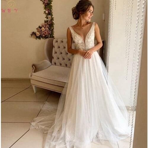 Simple Boho A-Line Wedding Dresses 2020 V-Neek Sleeveless Sequins Bridal Gowns Appliques Illusion Back Tulle vestidos de noiva
