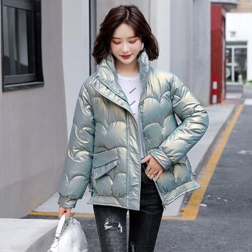 Down Coat Womens Warm Long Sleeve Stand Collar Ladies Casual Shinny Winter Jacket Zipper Pockets Outerwear for Female Fashion