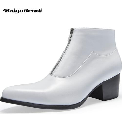 Size 37-44 Genuine Leather Mens High Heel Boots Man Winter Pointed Toe White Ankle Boots Zip Heighten Shoes Thick Heel