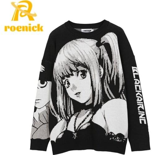 ROENICK Anime Girl Knitted Sweaters Men O-Neck Harajuku Hip Hop Streetwear Autumn Couple Vintage Japanese Kawaii Pullover