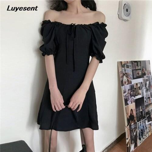 Gothic Solid Black Lady Elegant Mini Dress Summer Slash Neck High Waist Women Puff Sleeve Dresses Draw String Bust Basic Clothes