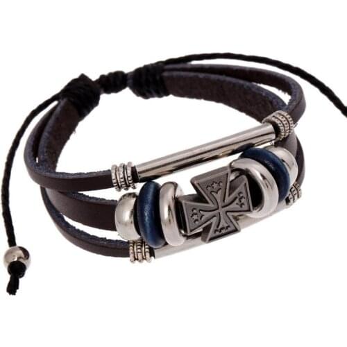 Vintage Retro Cross Bracelet Black Brown Rope Leather Charm Bangle Wrap Multilayer Bead Wristband Women Men Fashion Punk Jewelry