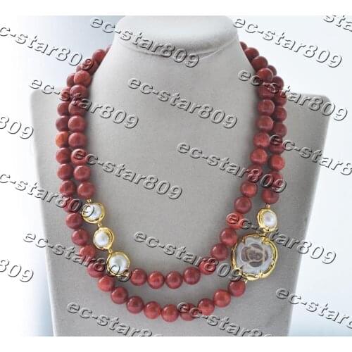 Z11324 2Row 18" Red Round Coral Gold plated Pearl Shell Flwoer Necklace Women Fasion Jewelry
