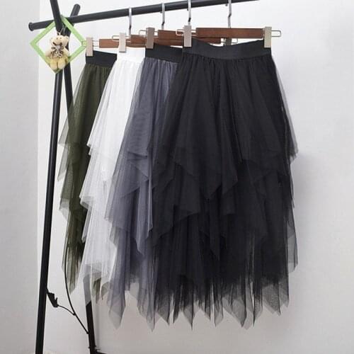 Women Summer Elegant Midi Tulle Skirts 2021 Korean Style Girls Spring Streetwear High Waist Casual Multilevel Skirt DS240