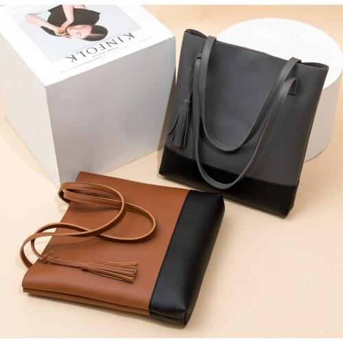 Bags of Women 2021 New Womens Bag PU Leather Fashion Color Matching Handbag Bucket Type Color Matching Tassel Shoulder Handbag