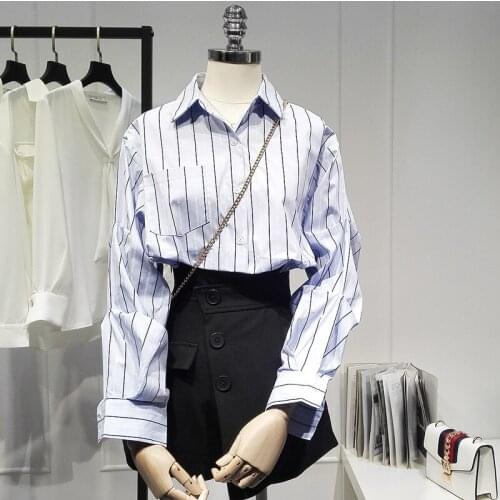 Blue Striped Women Shirts Summer New 2021 Turn-Down Collar Batwing Sleeved Loose Elegant Office Lady Outwear Coats Tops