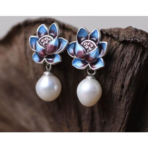 FNJ Freshwater Pearl Earrings 925 Silver Original Pure S925 Sterling Silver Drop Earring for Women Jewelry enameling Lotus
