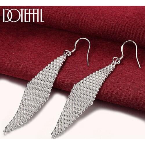 DOTEFFIL 925 Sterling Silver Long Grid Leaf Shape Earrings Charm Women Jewelry Fashion Wedding Engagement Party Gift