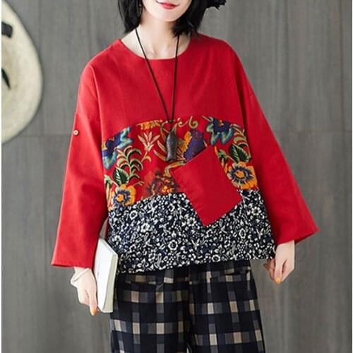 Women Loose Casual T-shirts New 2021 Spring Chinese Style Vintage Floral Print Female Cotton Linen Long Sleeve Tops Tees S2971