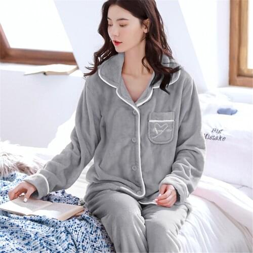 Women Thicken Flannel Pajamas Set With Pant Long Sleeve Turn-down Collar With Pocket Pyjamas Casual Grey Button Top+Pants Pijama