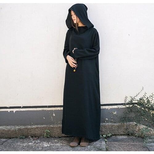 Johnature Women Vintage Dress Autumn 2021 New Linen Cotton Witch Hat Brief Solid Comfortably Loose Full Sleeve Thin Casual Dress