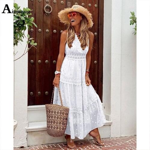 Women Sexy Long Maxi Dress Patchwork Lace V-neck Party Dresses 2021 Summer Chiffon Sleeveless Ladies Casual A-Line Dress Femme