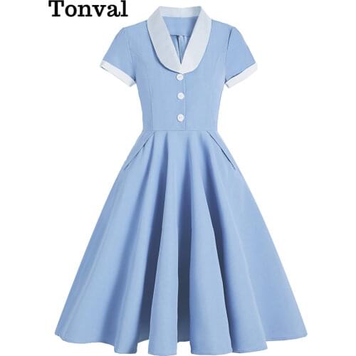 Tonval Light Blue Contrast Collar Button Up Short Sleeve Women Elegant Pockets High Waist Vintage 50s Style Midi Swing Dress