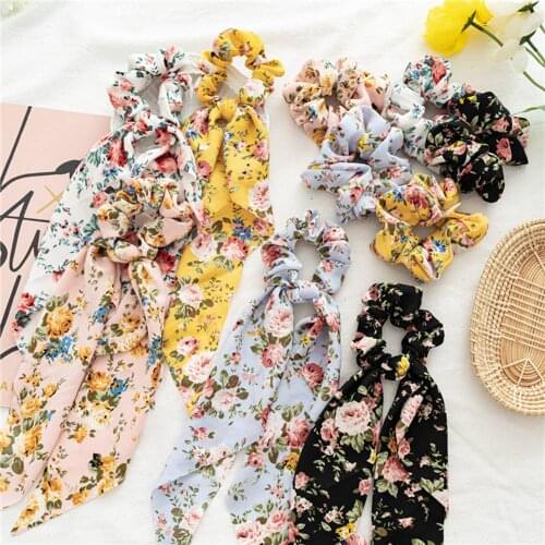 15PC/lot Rose Flowers printed Big Scrunchies Streamer Hair Ponytail Holder Tie Elastic Hair Bands summer series wholesale