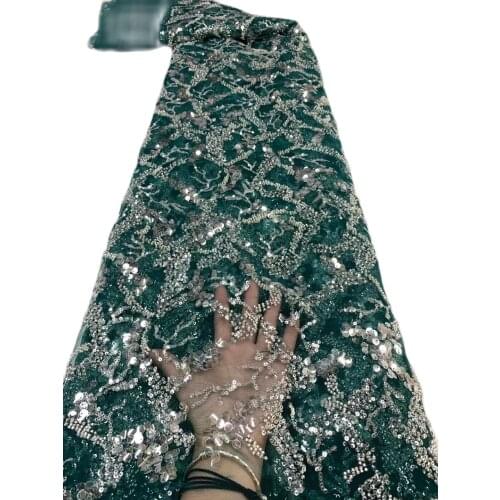 African Tulle Lace Fabric With Beads /Sequins Heavy Handwork Embroidery High Quality French Mesh Net Lace Fabric Nigerian Green