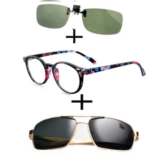 3Pcs!!! Retro New Trend Reading Glasses Men Women Eyewear Glasses + Polarized Sunglasses Metal Pilot Luxury + Sunglasses Clip
