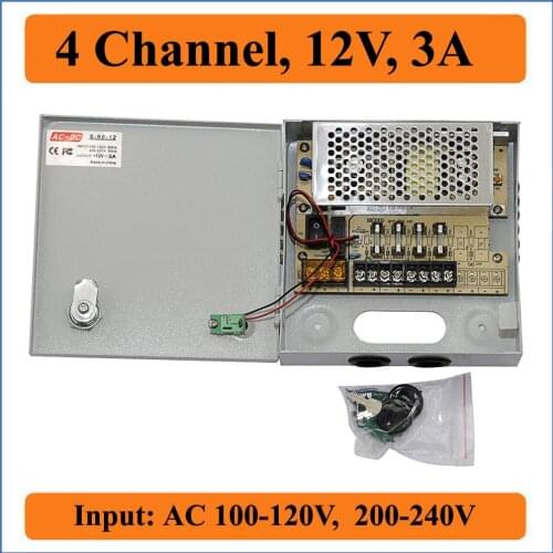 4 Channels DC 12V 3A CCTV Camera Power Box Switching Power Supply Box for surveillance Security Camera 4CH Ports 100V-240V Input