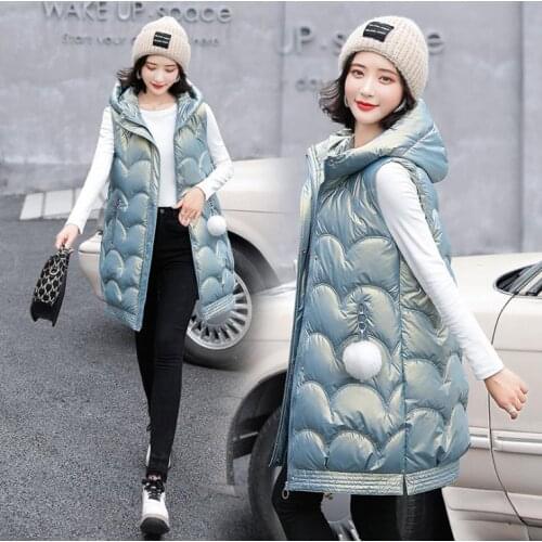 Long Section Women Down Waistcoats Warm Thick Winter Autumn Female Cotton Padded Vests Hooded Fashion Sleeveless Parkas K1504