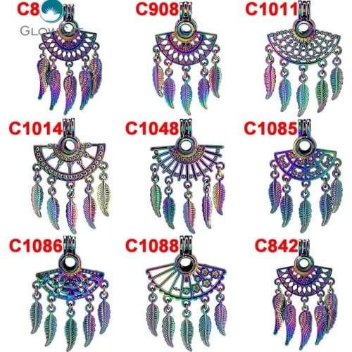 MIX 9pcs/lot Rainbow Color Fan Shapes Filigree Bohemian Leaf Beads Pearl Cage Locket Pendant Pearl Locket Fairytale Party