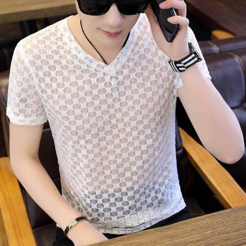 2021 new hollow mesh breathable short sleeve v-neck mens summer solid color t-shirt mens slim stretch short sleeve top