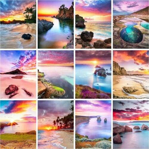 Huacan Diamond Painting New Arrival Beach Scenery Mosaic Seaside Sunset Landscape Embroidery Diamond Art