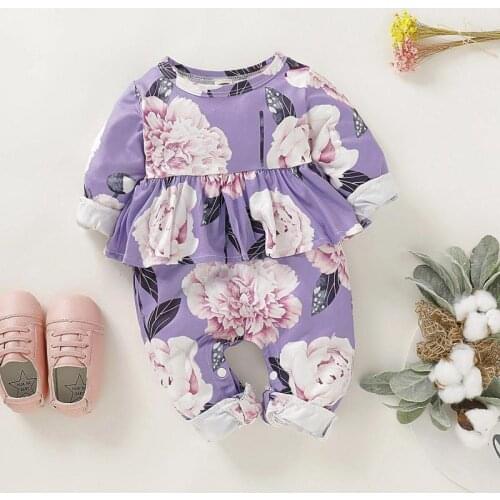 Ins Baby Infant Spring 2021 Baby Girls Clothes 0-12m Cotton Newborn Rompers With Rose Printed Long Sleeve Jumpsuit O-neck Outfit