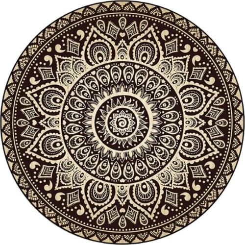 European Luxurious Round Area Rug Pad Vintage Mandala Lotus Flower Print Bedside Carpet Non-Slip Circle Floor Mat for Living