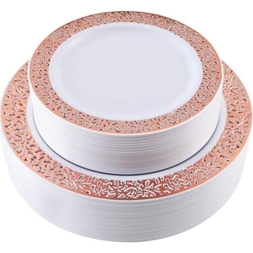 Lace Design Disposable Plastic Plates-Rose Gold Premium Heavy Duty Wedding Party Fancy Salad/Dessert Plates -25Pack