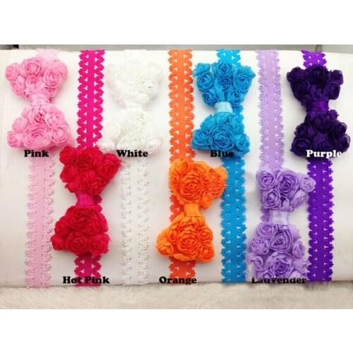 Lovely New Fashion Hot kids girls Three rows of chiffon stereo rose bow + lace elastic Hair Band 24pcs/lot
