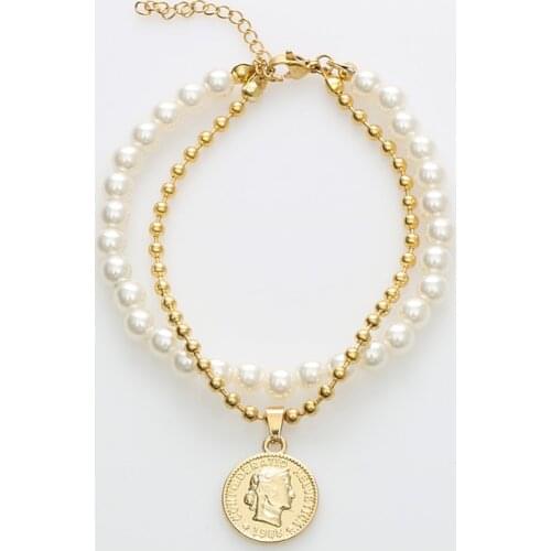 Fashion 2 Layers Pearls Pendants Bracelet for Women Gold Metal Beads Chain Round Charm Bracelet New Design Jewelry Gift C