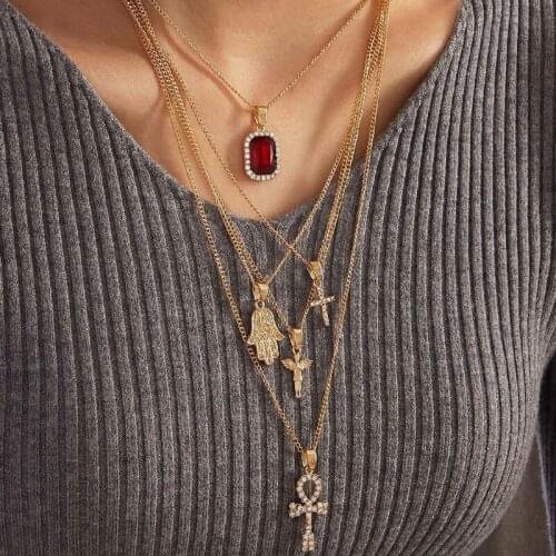 Angel Cross Rhinestone Pendants Necklaces for Women Gold Color Red Resin Clavicle Chain Female Layered Necklace Fashion Jewelry