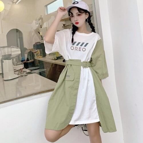 Korean Style Dress Women New 2021 Summer Cotton Fake Two-Piece Ladies Shirt Dresses Short Sleeve T-shirt Dress Womens Clothing