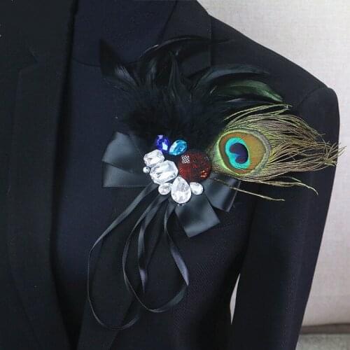 Fashion exaggerated black feather crystal bowknot brooch pins women men trendy Peacock feather brooches vintage jewelry gifts