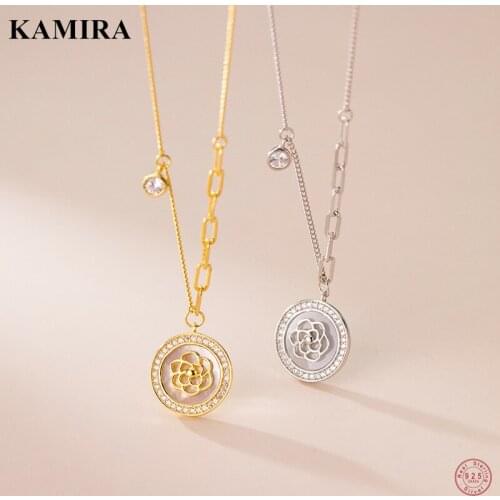 KAMIRA 925 Sterling Silver Vintage Round Flower Zircon Link Chain Pendant Necklace for Women Party High Quality Fine Jewelry Hot
